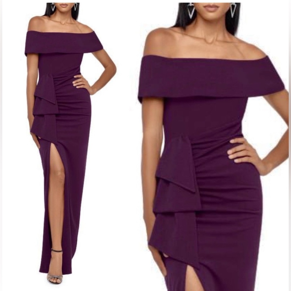 Xscape Long Scuba Off the Shoulder Formal Gown Dress Sz 4 in Mulberry NWT